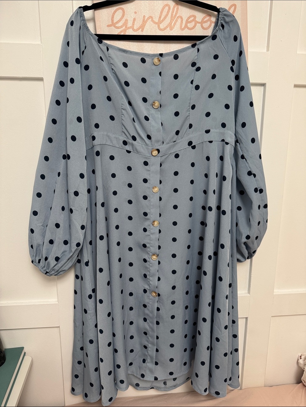 Light Blue off shoulder Polka Dot Button-Front Dress